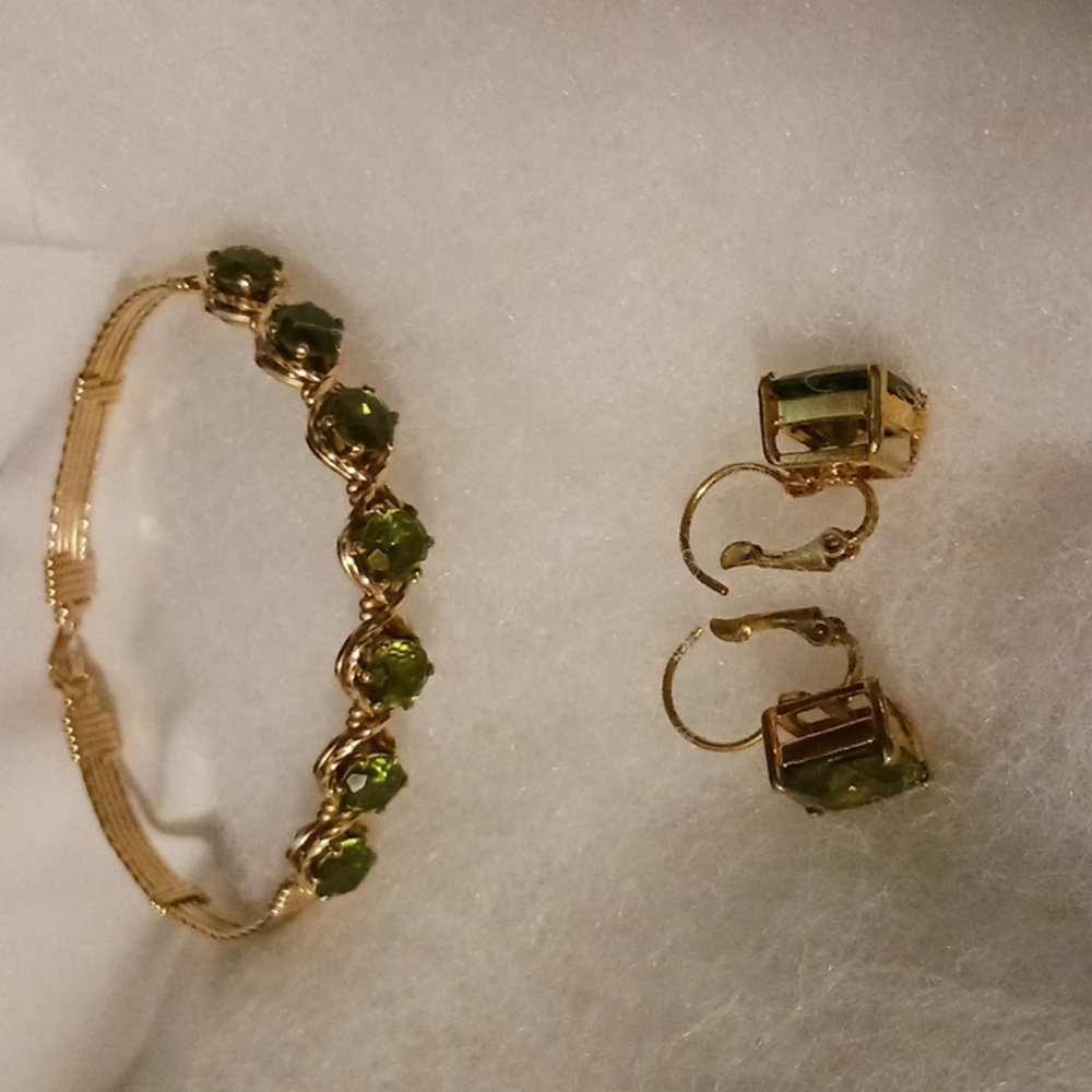Vintage Earrings and Bracelet-  faux Peridot and Gold Tone - Like new